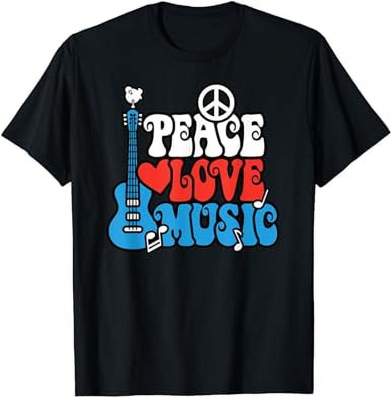 PEACE LOVE MUSIC Retro Rock & Roll Guitar Peace Symbol Dove T-Shirt ...