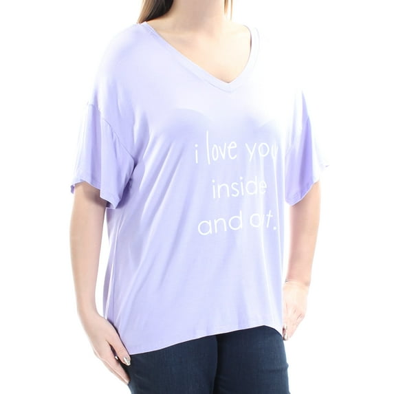 PEACE LOVE WORLD Womens New 1123 Purple I Love You Short Sleeve V Neck Top L B+B