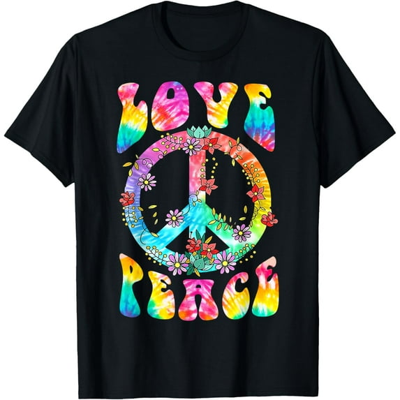 PEACE SIGN LOVE 60s 70s Tie Dye Hippie Costume T-ShirtMen's and women's gift, black and white T-shirt, size: Extra large S-4XL