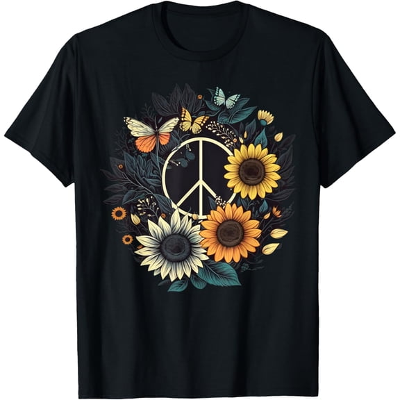PEACE SIGN LOVE Sunflower on 60s 70s Sunflower Hippie T-Shirt
