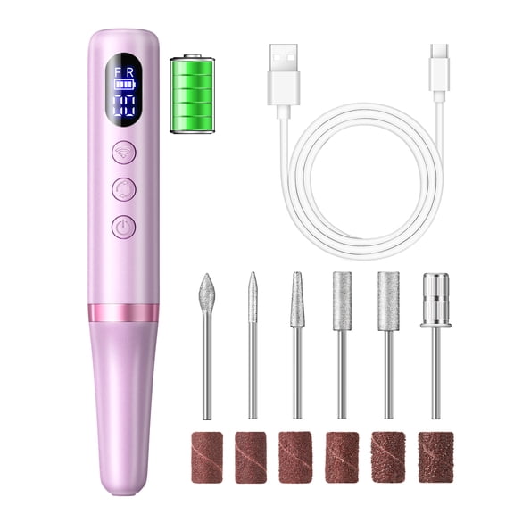 PEACECOLOR Electric Cordless Nail Drill Kit with LED Display Rechargeable Manicure Pedicure Filer with 6 Bits for Acrylic Gel Removal Portable for Home Salon
