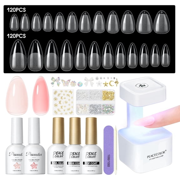 PEACECOLOR Gel Nail Kit, Short Medium Almond, 240Pcs 12 Sizes Nail Tips Mini Nail Lamp Clear Pink Jelly Gel Polish Base Top Coat DIY Manicure Set for Women