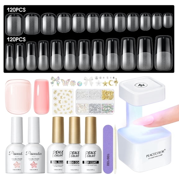 PEACECOLOR Square Gel Nail Kit, 240pc Short Medium False Nail Tips 2 Colors Jelly Gel Polish with U V Light Nails Art Set DIY for Women Home