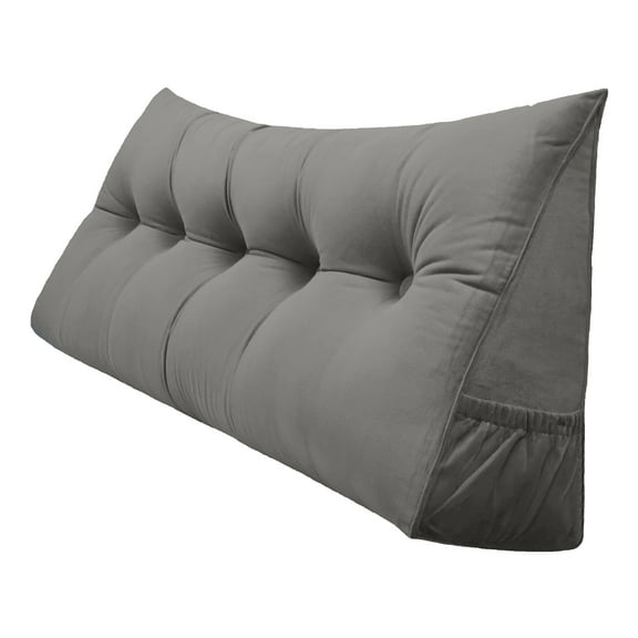 PEACHWELL Triangular Reading Bed Rest Pillow Large Bolster Cushion Headboard Backrest Wedge Pillow with Removable Cover and Two Large Side Pockets Grey Queen 59 inches
