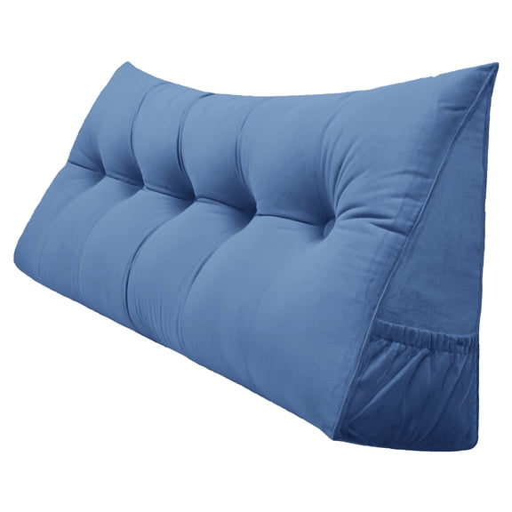 PEACHWELL Triangular Reading Bed Rest Pillow Large Bolster Cushion Headboard Backrest Wedge Pillow with Removable Cover and Two Large Side Pockets Steel Blue California King 71 inches