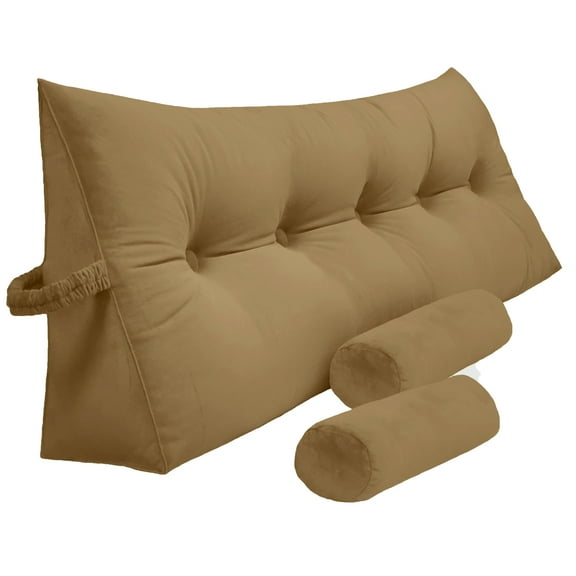PEACHWELL Triangular Reading Bed Rest Pillow Large Bolster Cushion Headboard Backrest Wedge Pillow with Two Detachable Roll Pillows for Neck & Lumbar Support (Brown, Queen: 59 x 8 x 20 inches)