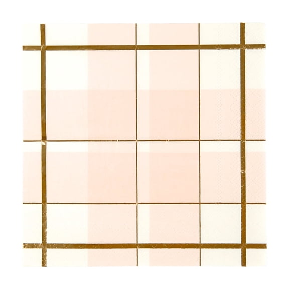 Bonjour Fte Peach and Gold Plaid Large Paper Napkins, Disposable Party Supplies, 20 Count, Lunch Size, Picnic, Birthday