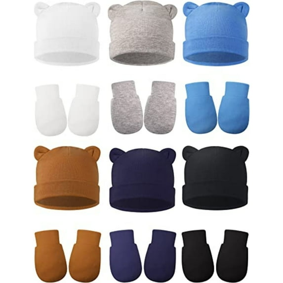 PEACNNG 12 Sets Newborn Cotton Gloves Solid Baby Hat with Ears and Non-Scratch Soft Mittens