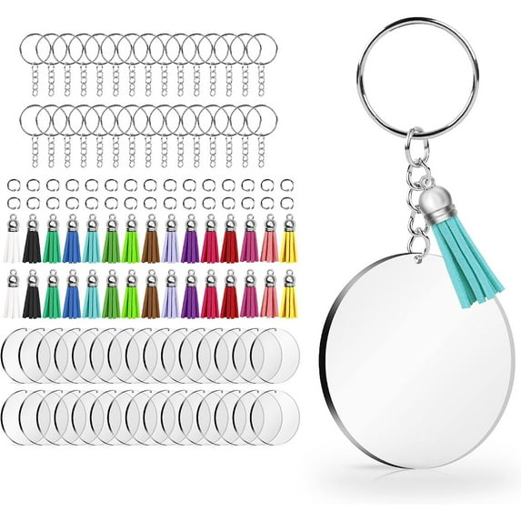 PEACNNG 120 pcs Acrylic Keychain Blank with Key Rings: Tassels Key Chain for Craft, Keychain Rings, Acrylic Keychain