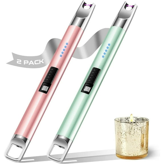 PEACNNG 2 Pack USB Rechargeable Electric Lighters - Long Flame Windproof Plasma Lighter with Battery LED Display for Candles, Fireworks, BBQ, Gas Stove, BBQ (Green and Rose Gold)