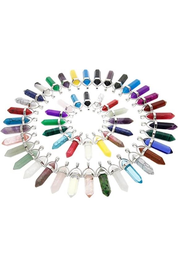 50pcs Bullet Shape Healing Pointed Beads Quartz Crystal Stone Pendants for DIY Necklace Jewelry Making, Assorted Color