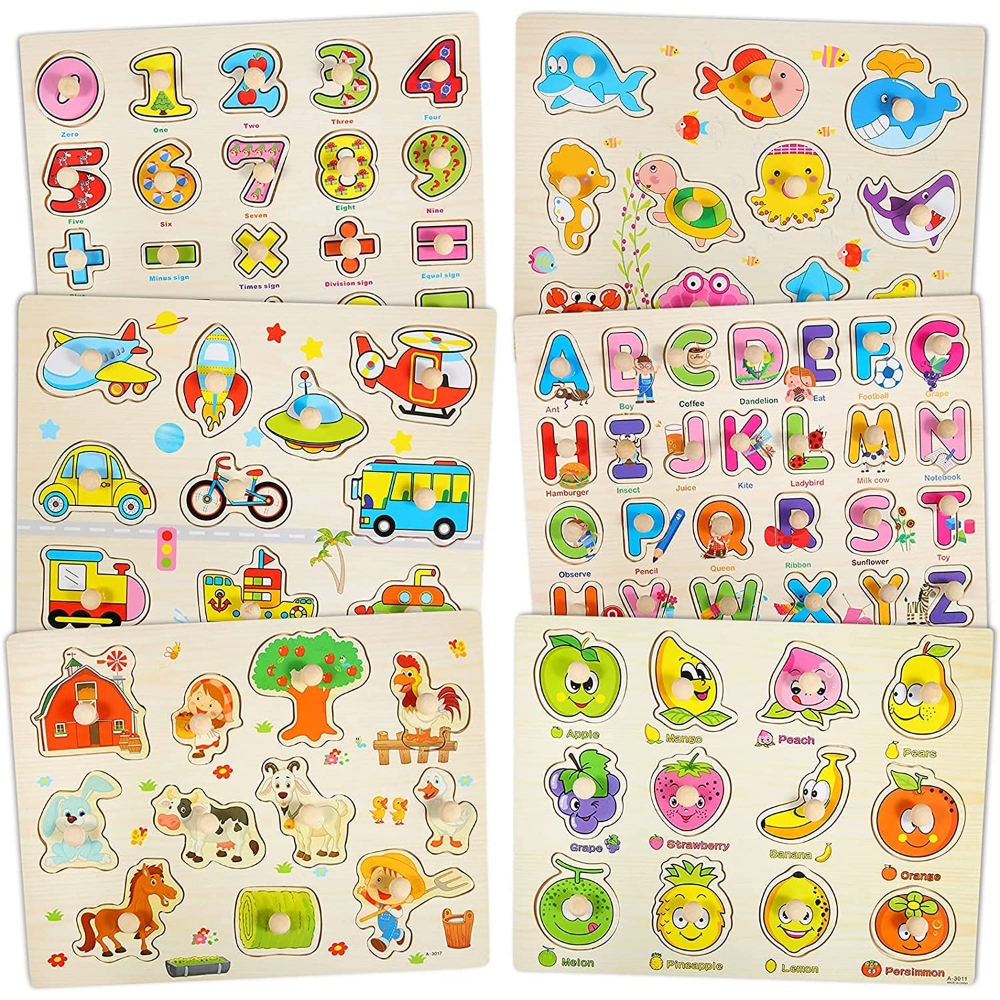 PEACNNG 6 Piece Wooden Jigsaw Puzzles for 3 Year Olds, Knob Puzzle Game