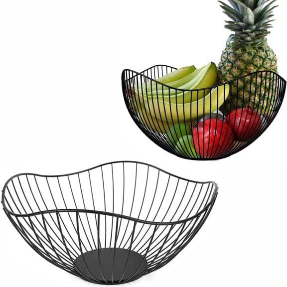 PEACNNG Big Fruit Bowl Wave Fruit Basket Metal Wire Vegetable Bowl,Large Round Storage Baskets Creative Bread Fruit Candy Dish for Table Living Room, Kitchen, Pantry, Office (Black)