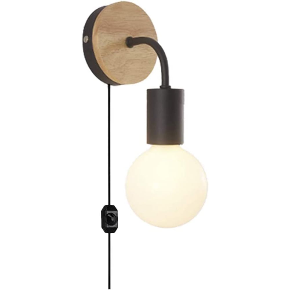 PEACNNG No Drilling Seamless Hook Wall Sconces 1-Light Minimalist Wooden Base Wall Lights Vintage Loft Style Wall Lamp with UL Dimmer Cord Bulbs Not Included Black