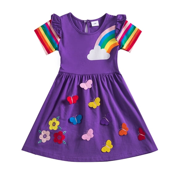PEACNNG Girls Cotton Short Sleeve Summer Dress Short Sleeve Flowers Butterfly Embroidery Girls Casual Dress for 3-7 Years, Rainbow