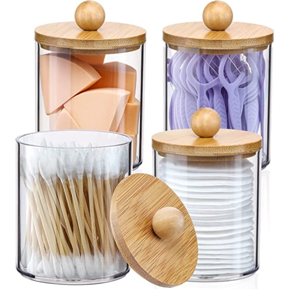 PEACNNG Holder Dispenser with Bamboo Lids Clear Plastic Apothecary Jar Containers for Vanity Makeup Organizer Storage.