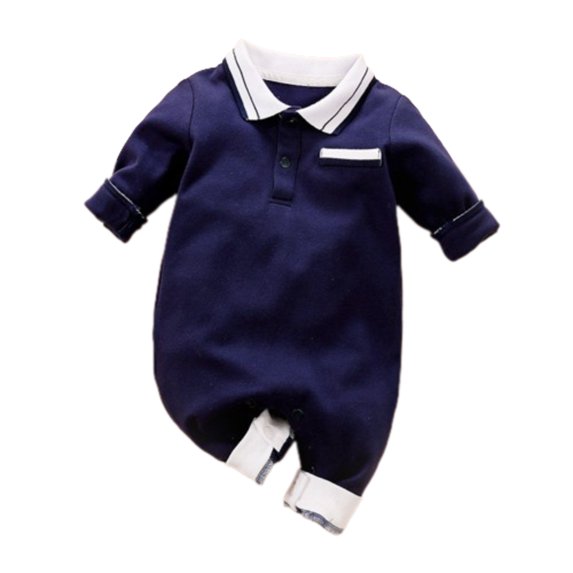 PEACNNG Newborn Baby Long Sleeve Romper, Sleepwear Solid Color Turn-down Collar Cotton Romper