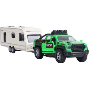 PEACNNG Pickup Truck Trailer Towing Toy 2 in 1 Playset, Diecast Model Car, Metal Pull Back Toy Cars Powered Doors Open Light Sound Kids Gifts for Boys & Girls