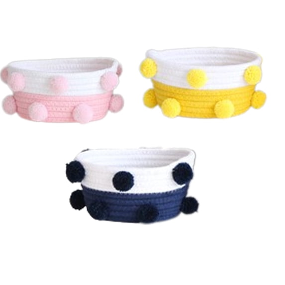 PEACNNG Small Pompom Delight, Double-Colored Woven Cotton Rope Storage Baskets for Desktop Sundries, Kids Toys, and Laundry Organization