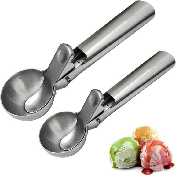 PEACNNG Solid Stainless Steel Ice Cream Scoop, 2 Packs of Stainless steel Ice Cream Spoon with Easy Trigger, Dipper for Fruits, Water Melon Scoop(Silver)