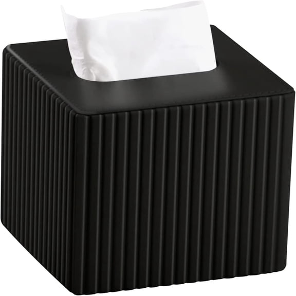 PEACNNG Tissue Box Cover Stylish PU Leather Square Tissue Box Holder with Bottom for Bathroom Bedroom or Office (Black Stripe)