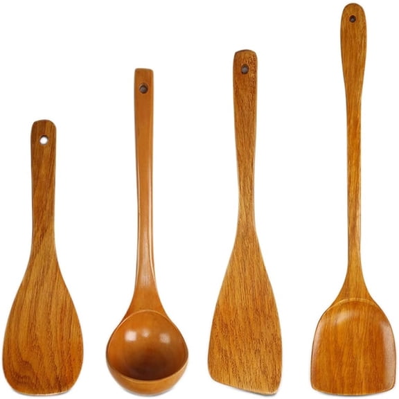 PEACNNG Wooden Spoons for Cooking, Nonstick Kitchen Utensil Set for 4PCS, Natural Wooden Cooking Spatula and Spoons Set