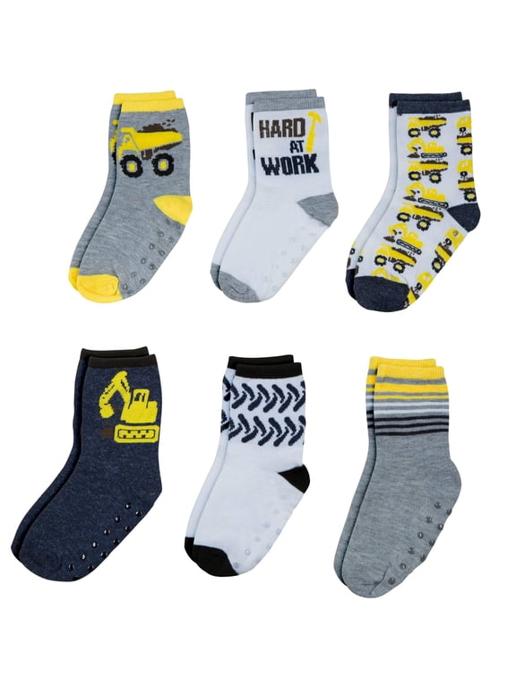 Boys Construction Crew Socks 6-Pack, Non-Slip Grip Socks, Trucks & Excavator Designs, Gray Yellow Black, 2-4T