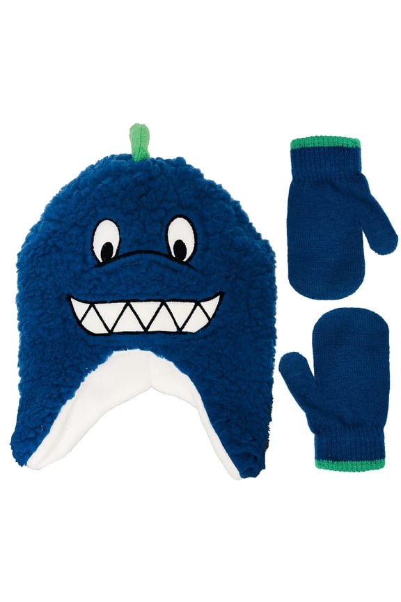 Boys Dinosaur Face Critter Scandi Cold Weather Hat and Mitten Set - 2-4 Toddler