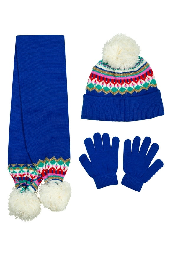 Girls And Boys 3 Piece Blue Beanie Hat Scarf And Glove Matching Set