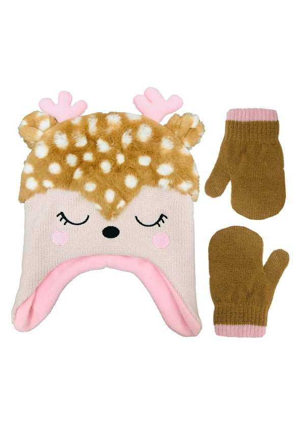 Girls Moose Face Critter Scandi Cold Weather Hat and Mitten Set - 2-4 Toddler