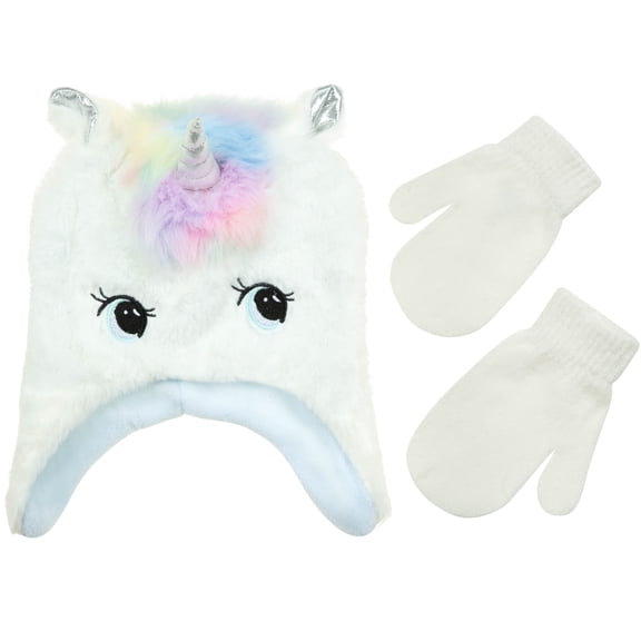 PEAK 2 PEAK Girls Unicorn Face Critter Scandi Cold Weather Hat and Mitten Set - 2-4 Toddler