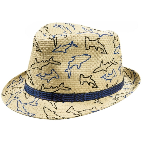 PEAK 2 PEAK Girls and Boys Straw Trilby Fedora Cap Fedora Hat Short Brim - UPF 50+ Sun Protection - Fish Print (14-16 Years)