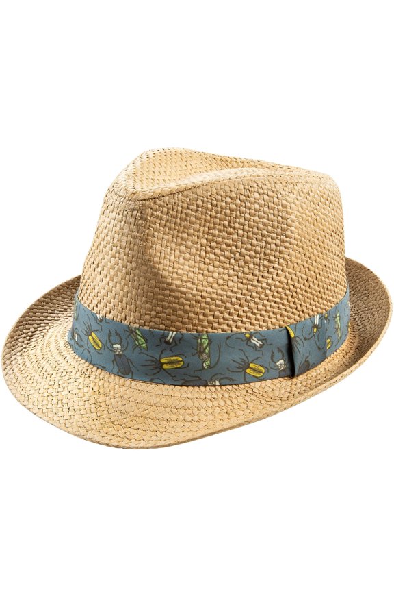 Kids Straw Trilby Fedora Hat – Short Brim Summer Sunhat, Natural with Blue Print Band (4-7 Years)