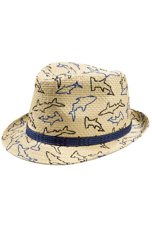 Kids Straw Trilby Fedora Hat – Short Brim Summer Sunhat, Natural with Blue Shark Print (7–14 Years)
