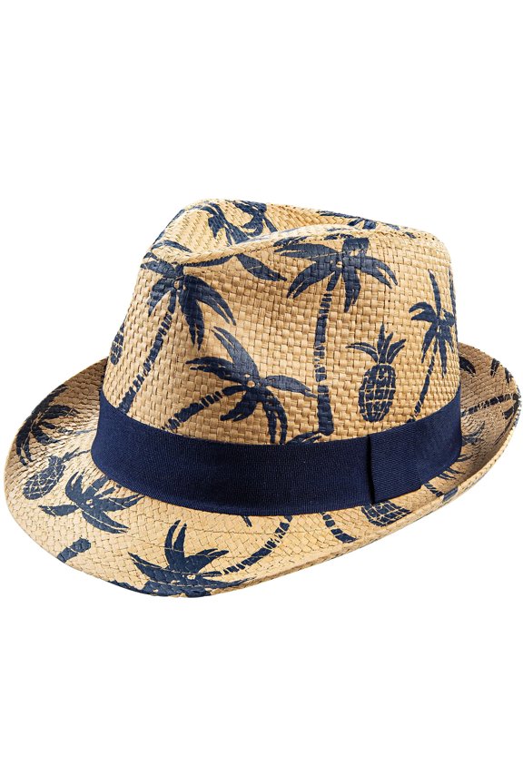 Kids Straw Trilby Fedora Hat – Short Brim Summer Sunhat, Natural with Navy Palm Tree Print Band (14–16 Years)
