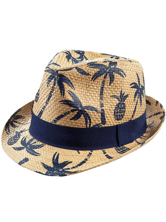 Kids Straw Trilby Fedora Hat – Short Brim Summer Sunhat, Natural with Navy Palm Tree Print Band (4–7 Years)