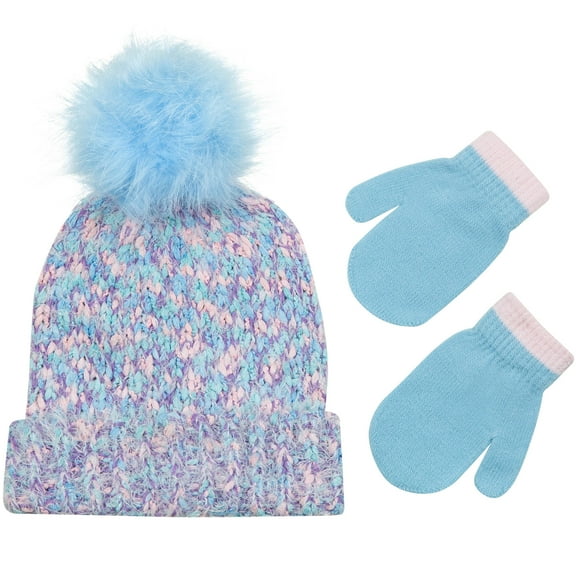 PEAK 2 PEAK Toddler Girls Winter Hat and Mittens Set, Marled Knit Cuff Hat With Plush Pompom - Age 2-4 Years
