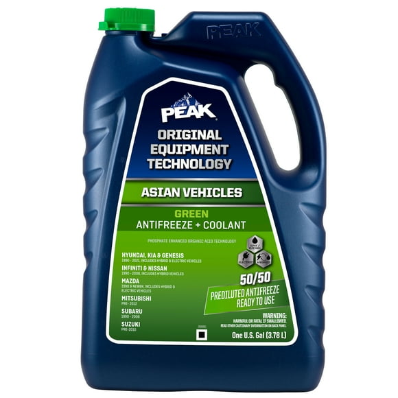 PEAK OET Antifreeze + Coolant 50/50 Prediluted for Asian Vehicles - Green, 1 Gallon