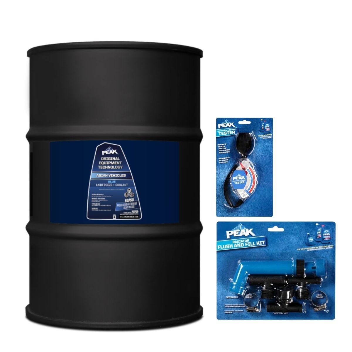 PEAK OET Asian Antifreeze/Coolant, 50/50 Prediluted Blue POAT, 400,000 Miles/15 Years for Car, SUV & Truck, 55-gal Drum, PEAK Accessories Included