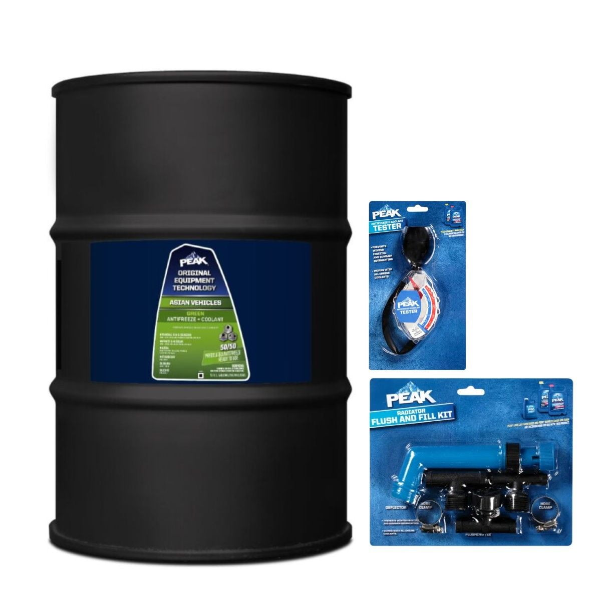 PEAK OET Asian Antifreeze/Coolant, 50/50 Prediluted Green POAT, 400,000 Miles/15 Years for Car, SUV & Truck, 55-gal Drum, PEAK Accessories Included