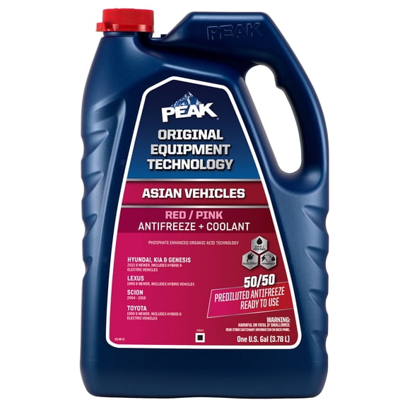 PEAK Original Equipment Technology Asian Vehicles Red/Pink, 50/50 Prediluted Antifreeze & Coolant, 1 gal