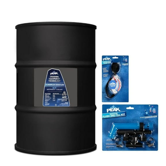 PEAK OET European Antifreeze/Coolant, 50/50 Prediluted Blue Si-HOAT, 150k Miles/5 Years for Car, SUV & Trucks, 55-gal Drum, Peak Accessories Included