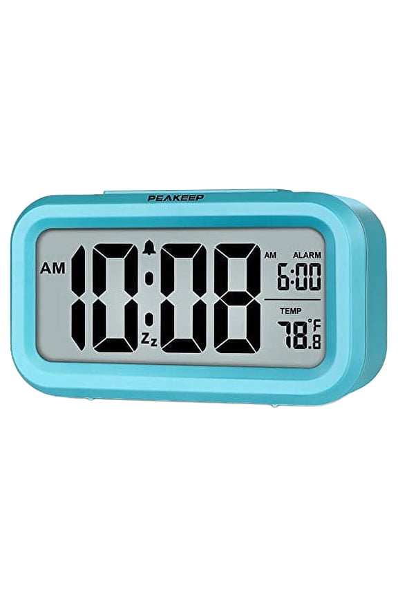 Smart Night Light Digital Alarm Clock with Indoor Temperature, Battery Operated Desk Small Clock (Blue)