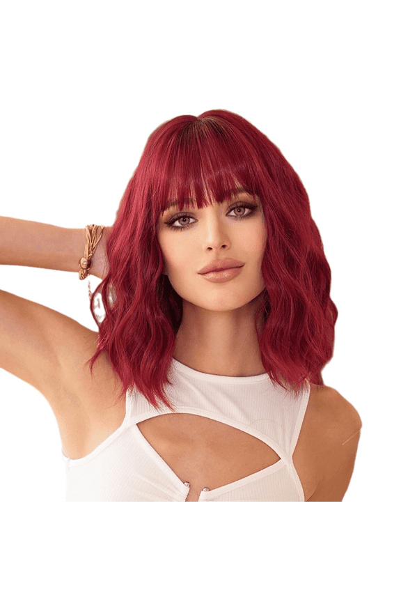 Fashion Wig 14 inch Women Red Short Curly Hair Natural Shaggy Short Bob Full Head with Bangs Wigs