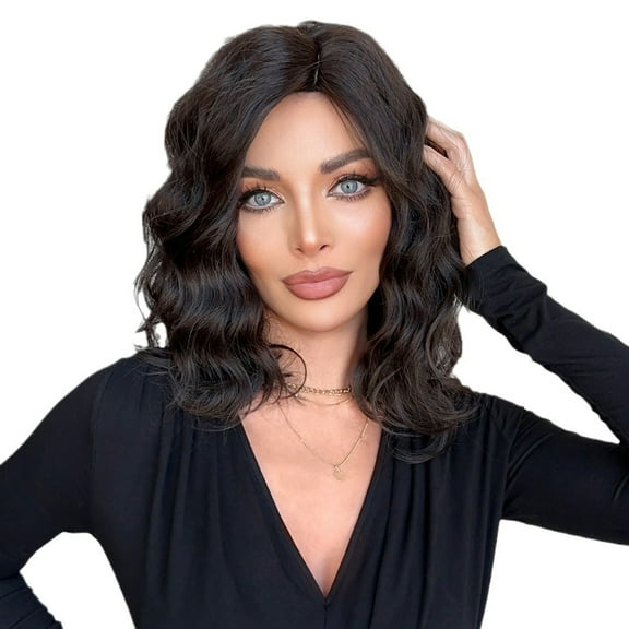 PEAKIN Fashion Wig 16 inch Women's Mid-length Curly Black Brown Short Bob with Mid-distribution Breathable Wig Cover