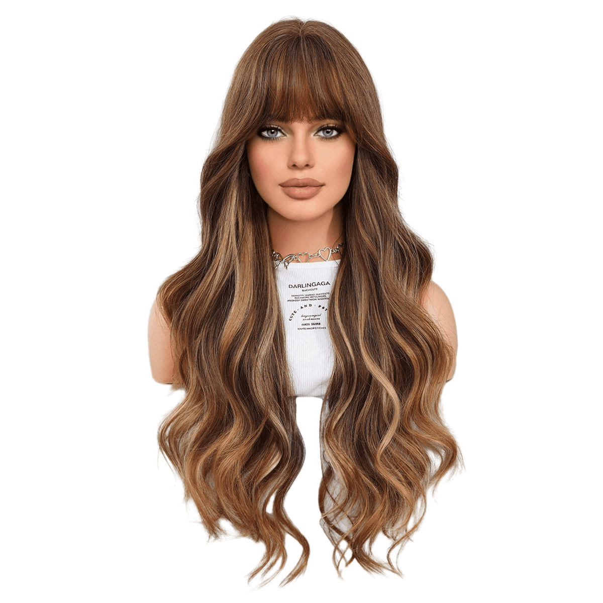 PEAKIN Fashion Wig 30 inch Women Gold Brown Long Curly Hair Big Waves with Bangs Headpiece Wavy Wigs