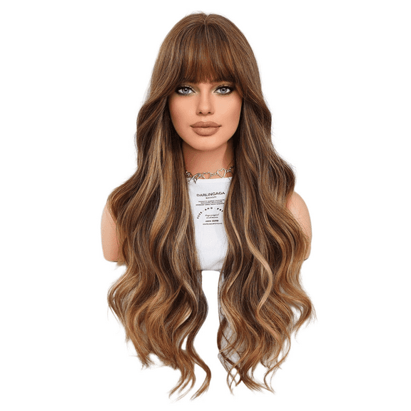 PEAKIN Fashion Wig 30 inch Women Gold Brown Long Curly Hair Big Waves with Bangs Headpiece Wavy Wigs