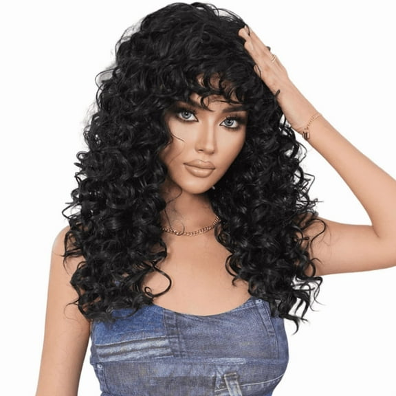 PEAKIN Fashion Women's Black Long Wig 24 inch Kinky Curly Deep Wave Hair with Bangs Wigs