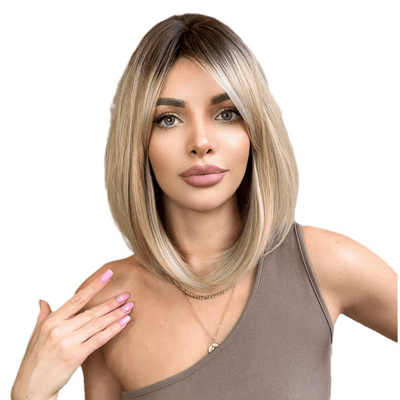 PEAKIN Fashion Women's Wig 16 inch Shoulder-length Straight Blonde Hair with Side Part Splay Bangs Natural Head Wigs