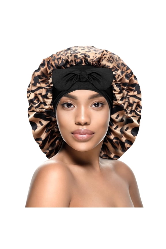 Silk Bonnet for Sleeping Women Leopard Print Satin Bonnet Double Layer Satin Lined Hair Bonnet with Tie Band Curly Hair